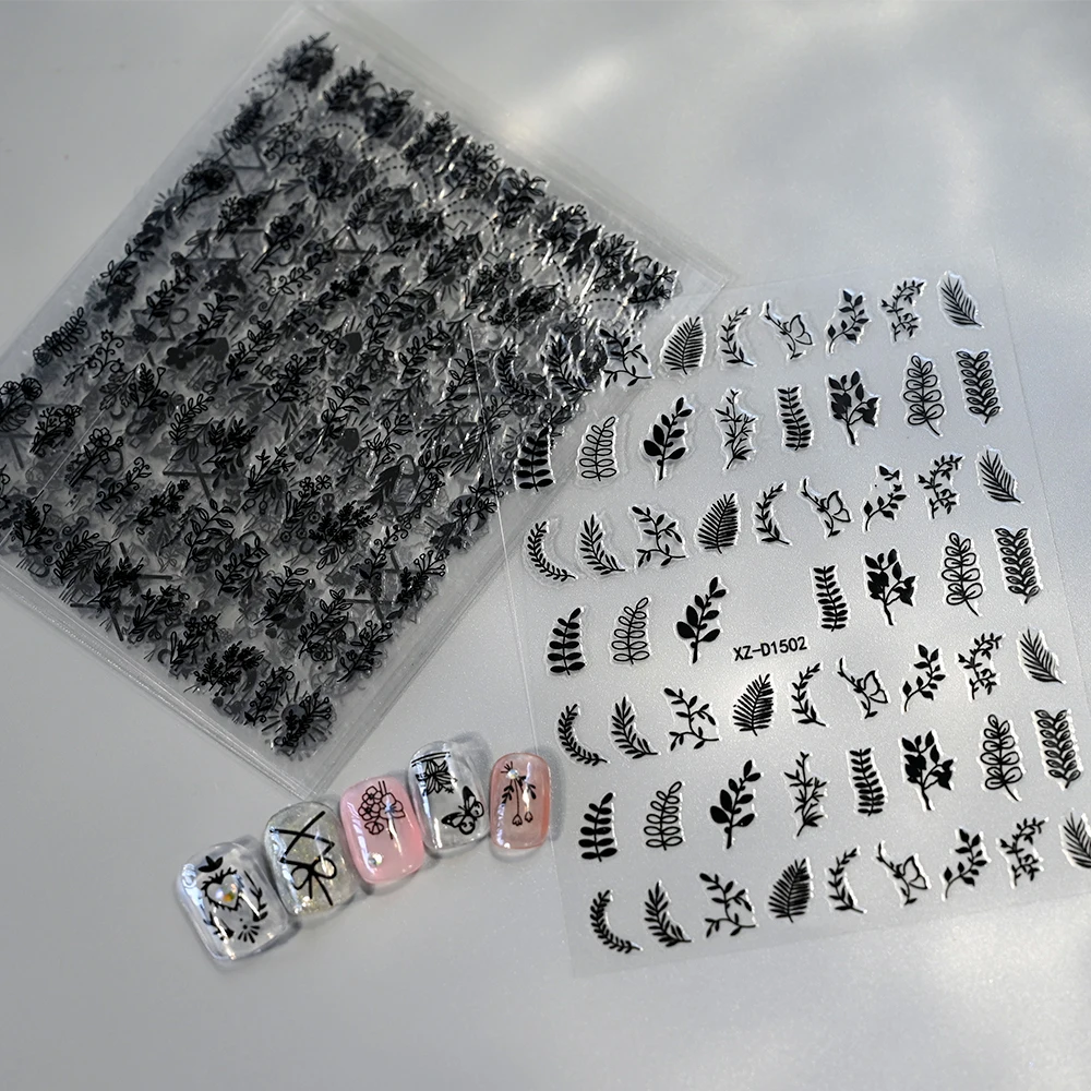 12 шт./компл. черно-белые чернила наклейки для ногтей с растениями и цветами роза
