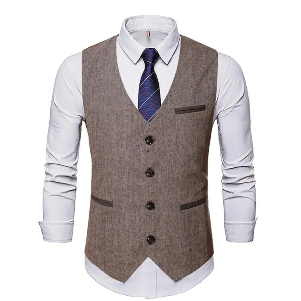 

Men Slim Suit Vest Buttons Vintage Business Wedding Groomsmen Cotton Waistcoat