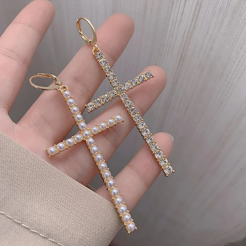 

New Arrival Asymmetric Pearl Crystals Cross Drop Earrings for Women Fashion Bohemian Dangle Long Earrings Female Jewelry Brincos