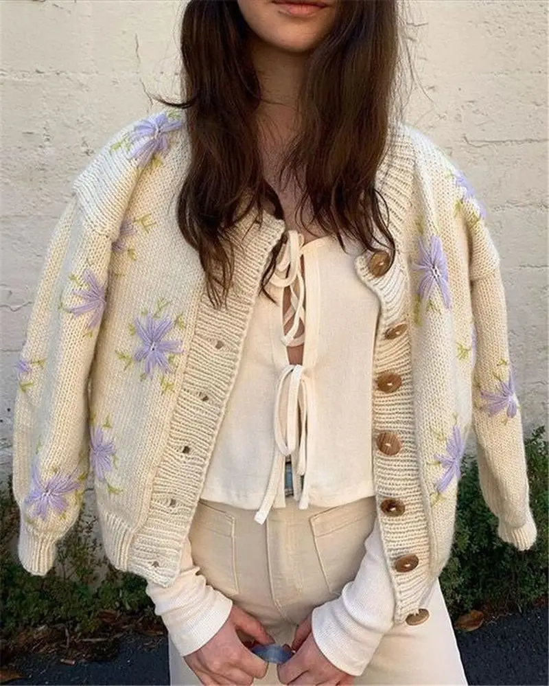 

Casual Knitted Women Sweater Za Embroidrey Floral Cardigans Single Breast Long Sleeve Cardigans Beige Cardigant Women Ropa Mujer