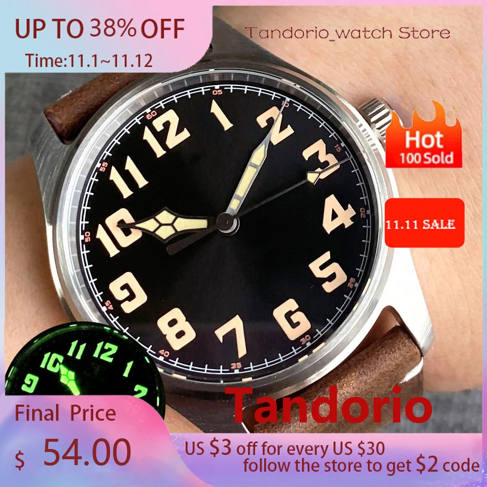 Купить Мужские водонепроницаемые часы-авиаторы тандорио, 39 мм, черный циферблат, Сапфировая трава, 200 м, NH35A PT5000, кожа, светящиеся