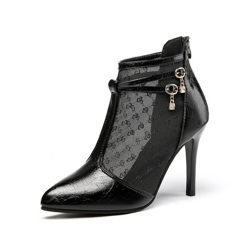 

Woman Mesh Boots Pointed Toe Lace Up Ankle Boots Women's Patent Leather Short Boots Sexy High Heel Female Zip Shoess Women Boots