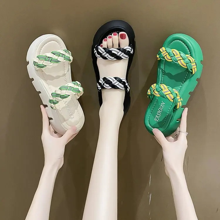 

Round Head Open Toe Middle Heel Thick Sole Women's Slippers Fashion Comfortable Simple Style Women Sandals Pine Cake Sole
