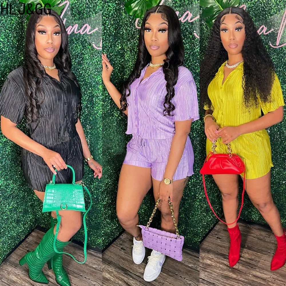 

HLJ&GG Summer Solid Color Matching Streetwear Women V Neck Button Top And Shorts Two Piece Sets Casual Sporty 2pcs Outfits 2023