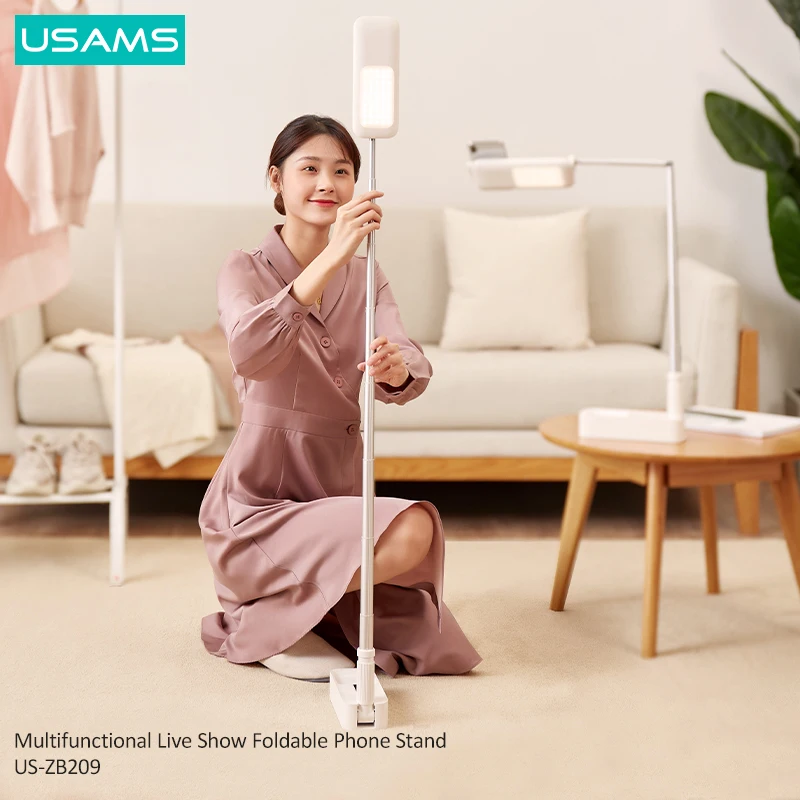 usams led video foldable bracket phone holder clip for youtube vlog live bluetooth wireless selfie stick for ios android phones free global shipping