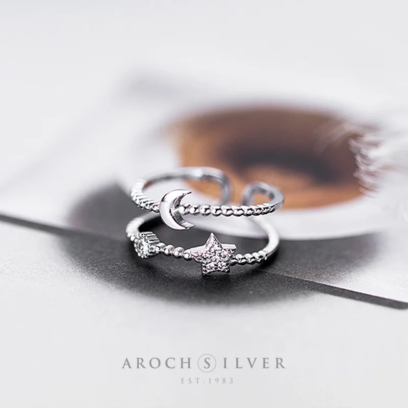 

S925Silver женское кольцо в Корейском стиле с бриллиантами Двухслойное Открытое кольцо со звездой и Луной милое кольцо