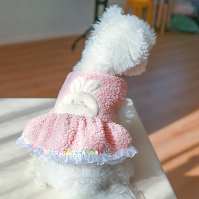 

2022 New Pet Clothing Dog Cat Clothing Autumn and Winter New Warm Warm Fleece Thickened Rainbow Lace Rabbit