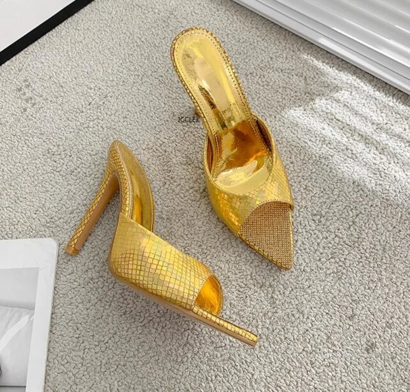 

Sexy Serpentine Pointed Toe Mule Thin Heels Slipper Women Stripper Summer Fashion Slip On Slides Party Sandal Shoes