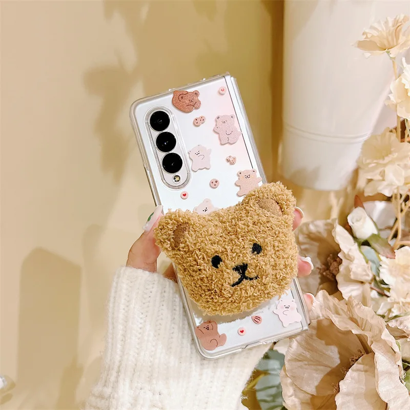 

Cartoon Plush Bear Phone Stand Case for Samsung Galaxy Z Fold 3 5G PC Back Cover for ZFold3 Protective Hard Case Shell