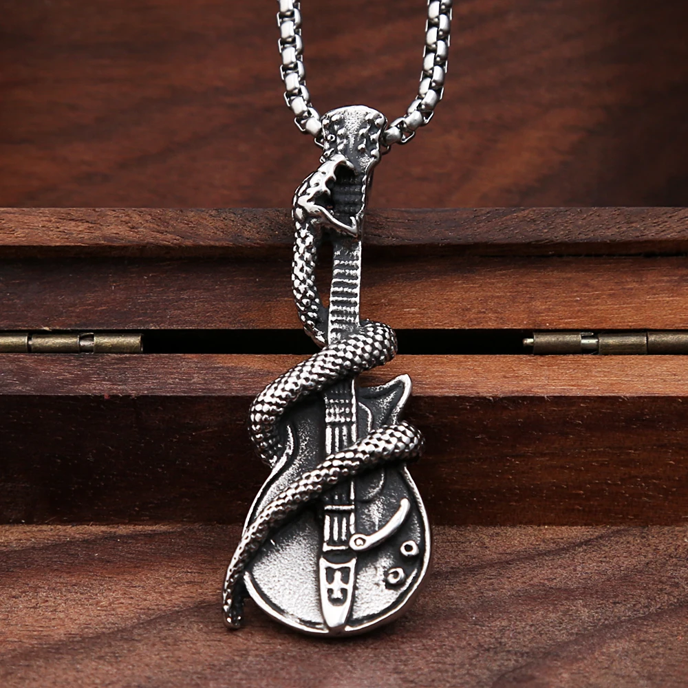 

Gothic Retro Guitar Snake Pendant Necklace for Men Women 316L Stainless Steel Punk Hip Hop Guitar Necklaces Fashion Jewelry Gift