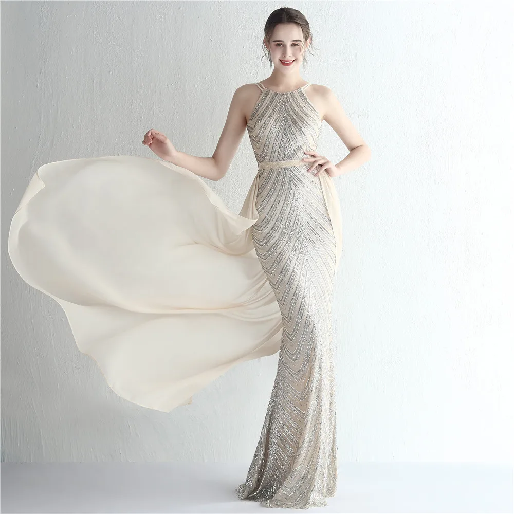 

Beaded Sequin Glisten Mermaid Dress for Women Halter Neck Sleeveless Bodycon Cocktail Party Dress White Trail Long Evening Dress