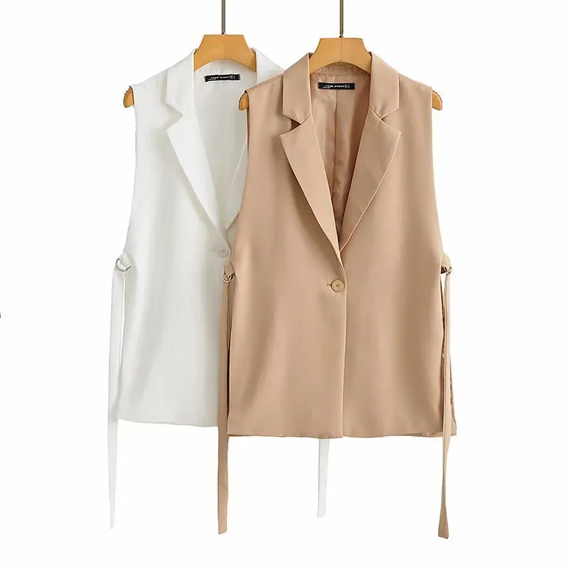 2022 Autumn New Fashion Solid Color Sleeveless Lapel Suit Female Side Streamer Design Suit Vest Jacket Fashion Independent Top