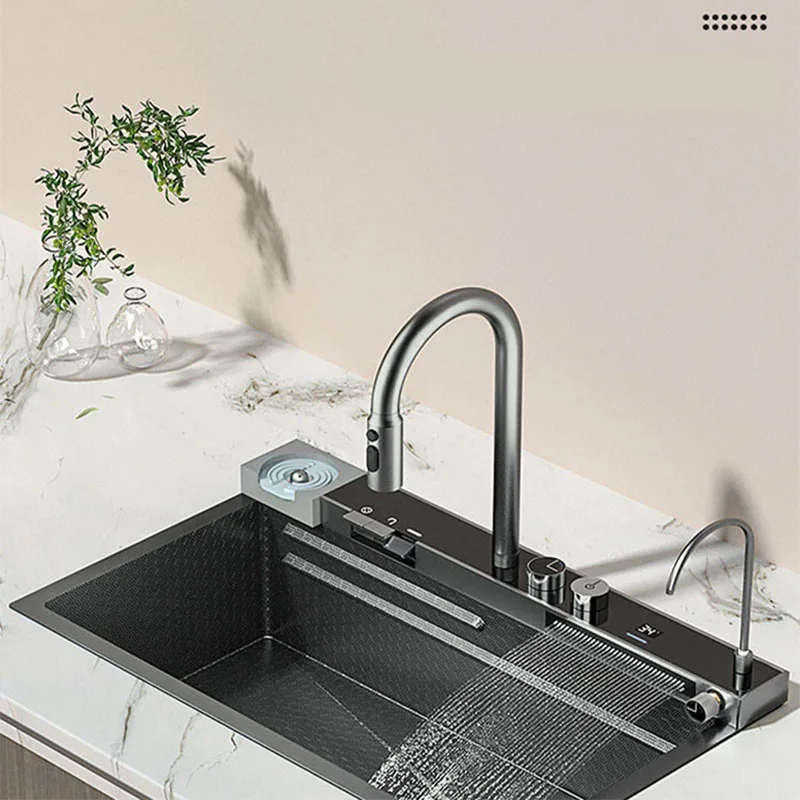 

Cocina Integrated Waterfall Kitchen Sink Honeycomb Technology Large Digitial Display Stainless Steel Soap Dispenser Cup Washer