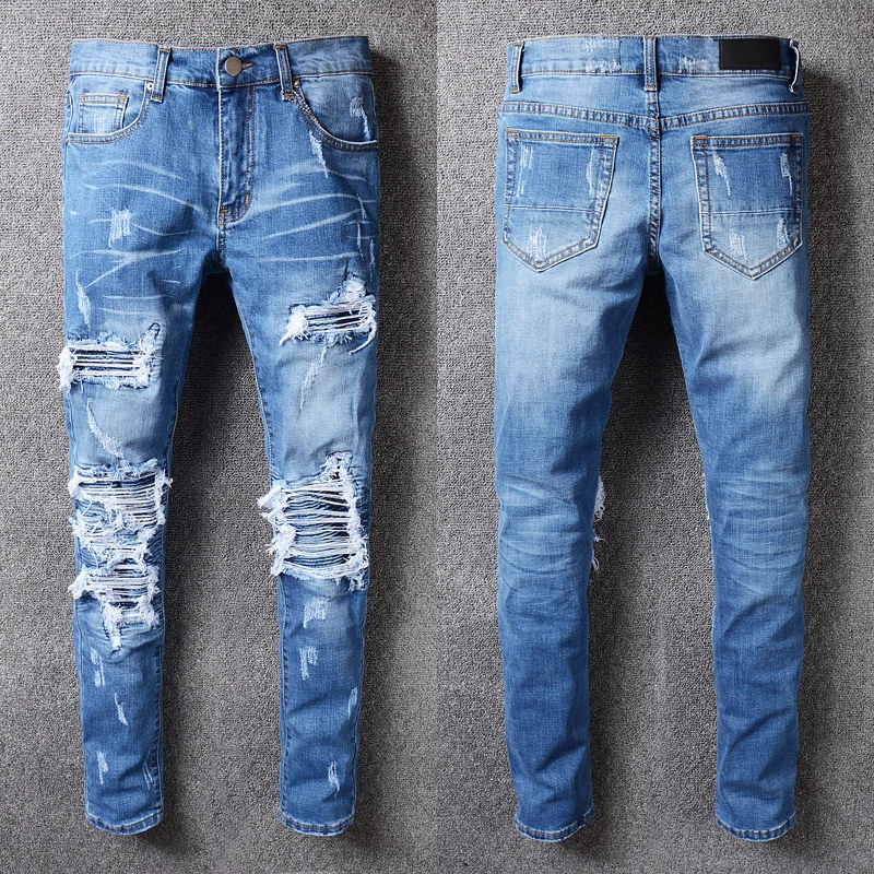 

American Street Fashion Men Jeans Retro Blue Stretch Slim Fit Hole Ripped Jeans Men Patch Designer Hip Hop Brand Pants Hombre