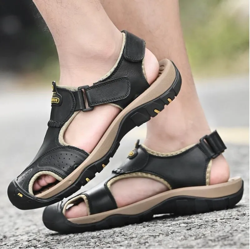 

New Summer Genuine Leather Cowhide Men's Sandals Non-slip Outdoor Men Casual Shoes Breathable Hiking Sandals Mens Beach Slippers