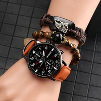 mens watch gift set for boyfriend casual minimalist quartz wristwatches leather vintage wolf head braided bracelet reloj hombre