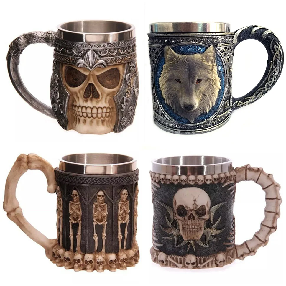 Personalized Skull Mug Double Wall Stainless Steel Knight Tankard Dragon Wofl Beer Coffee Cup Caneca Viking Game Of Throne