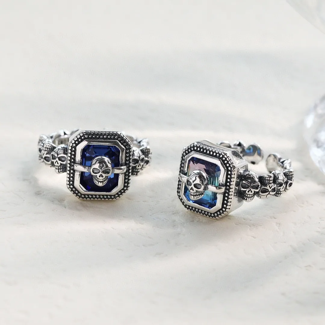 

S925 Sterling Silver Rings 2022 Popular Skull-ring Colors Zircon Solid Adjustable Argentum Viking Jewelry Amulet for Men Women