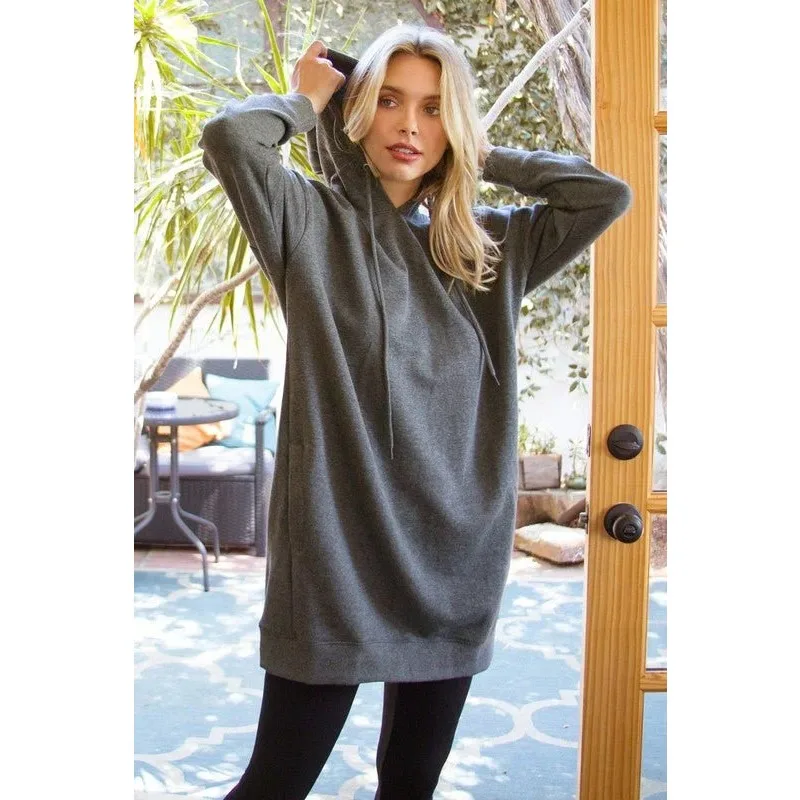 

Autumn Winter Casual Loose Long Hoodie Dress Solid Color Sweatshirts Women Fashion Long Sleeve Hooded Pocket Pullovers