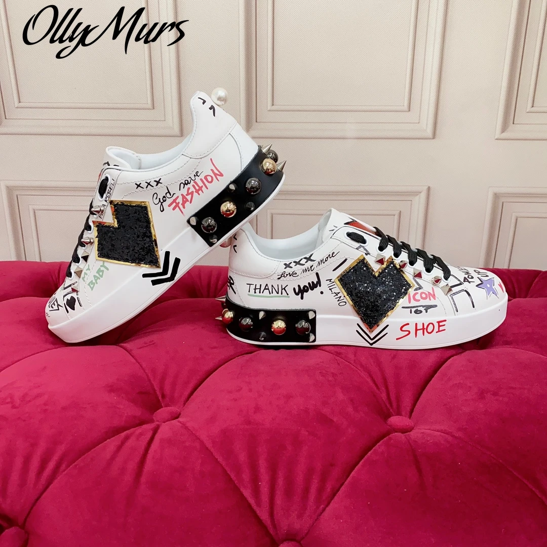 

Ollymurs Size35-45 Genuine Leather Sneakers Graffiti Couple Flats Rivet Luxury Autumn Designer Shoes Punk Zapatillas Mujer