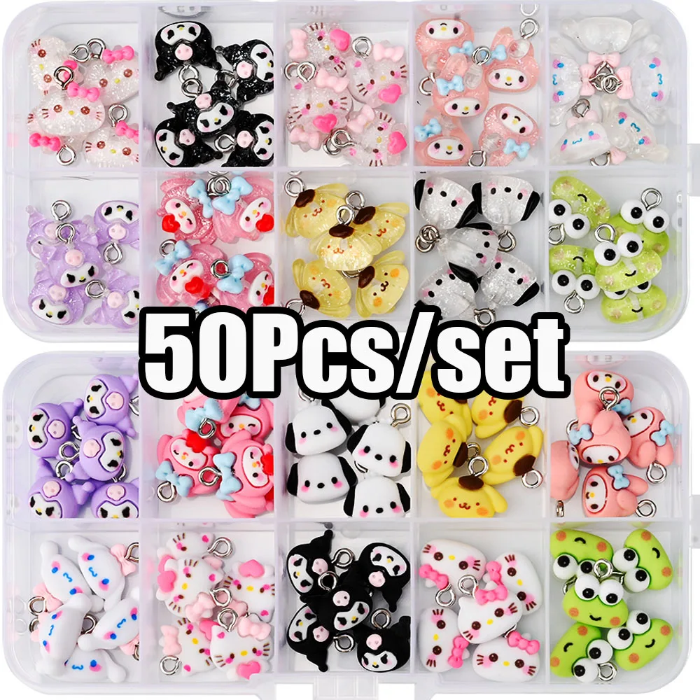 36/42/50/70Pcs MINISO Kawaii Kuromi Hellokitty Nail Charms 1Box Cartoon Resin Hello Kitty Art With Hoop Cute Craft