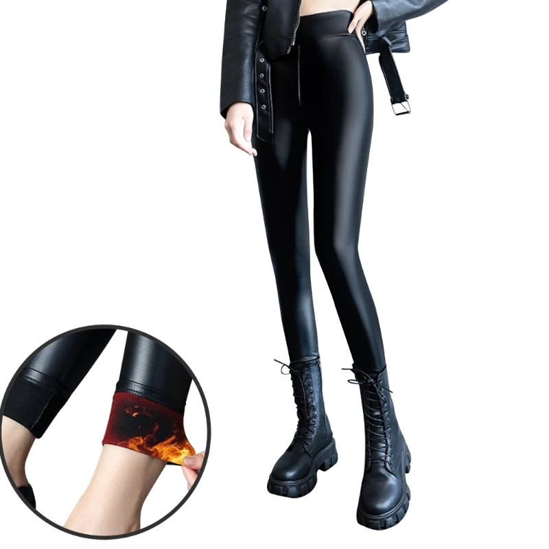 

All-matching Thin Fleece Warm Leggings for Women Slimming Black Tights High Waist PU Leather Leggings Stretch Leggings