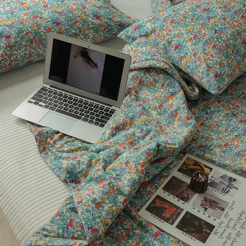 

Floral Vintage Knitted Tianzhu Airable Cover Three-Piece Cotton Double Summer Quilt Thin Duvet Washable