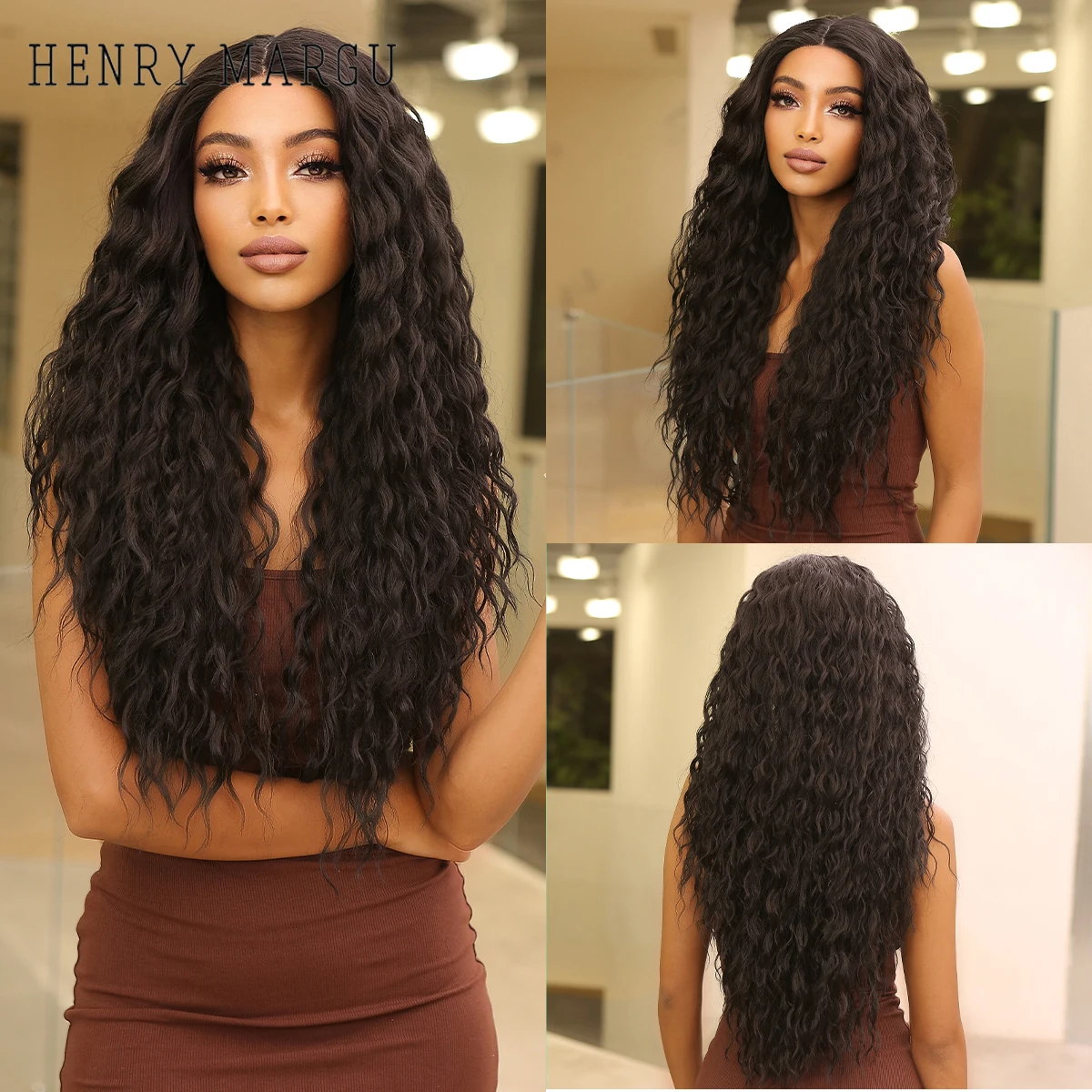 

HNERY MARGU Long Black Curly Synthetic Lace Front Hair Wigs for Black Women High Temperture Middle Part Daily Cosplay Fiber Wigs