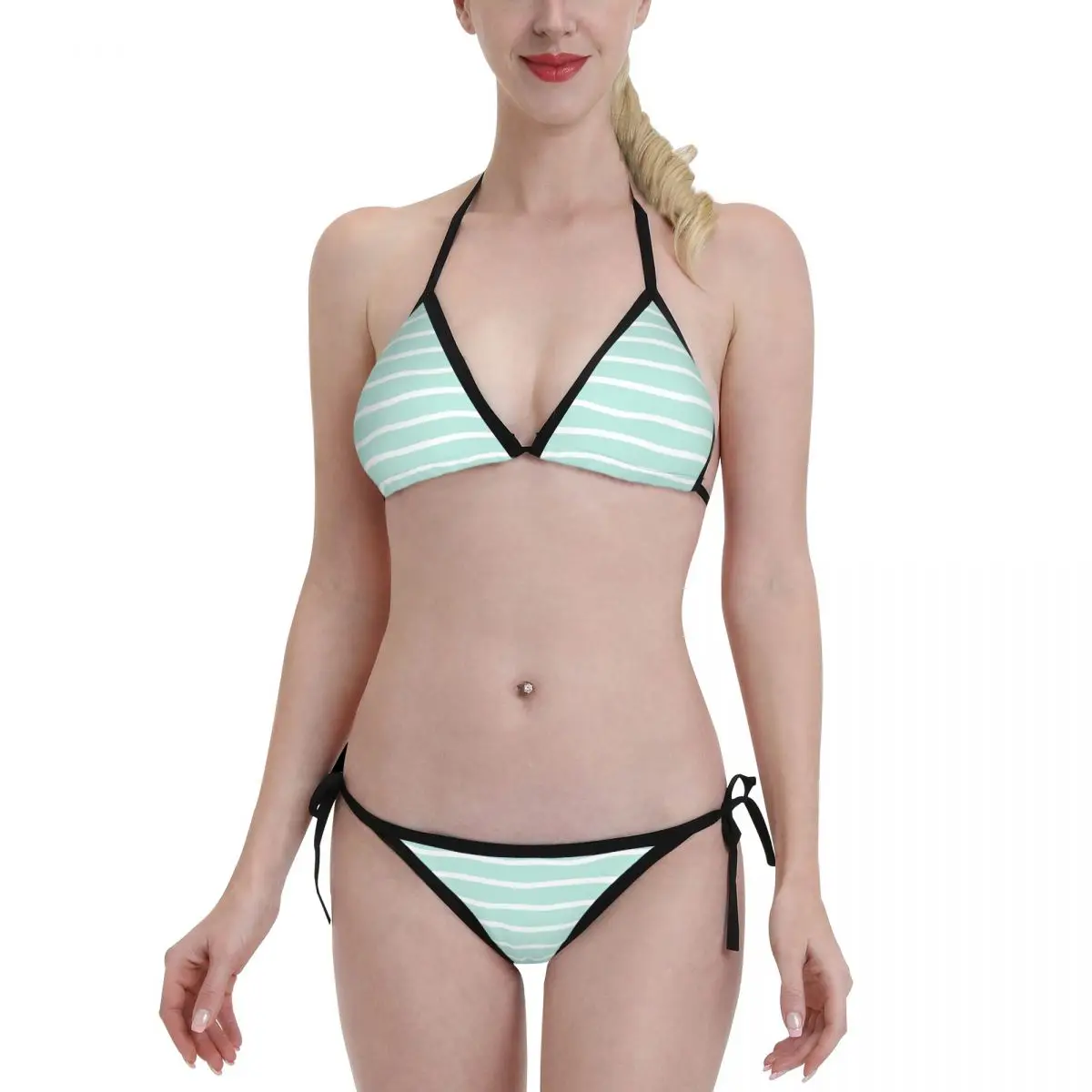 

2022 New Female Sexy Wear Bikini Set Swimsuit Green Wavy Stripes Beach Wear Bathing Suit