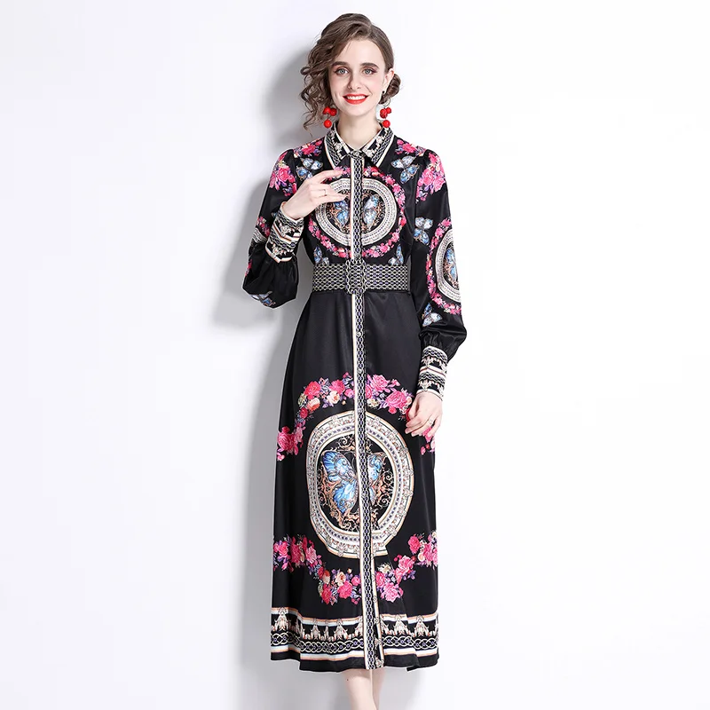 

Spring Retro Dresses New Fashion Print High Waist Long Sleeve Dress Vintage Sashes Mid-Calf Turn-down Collar Black Shirt Dress