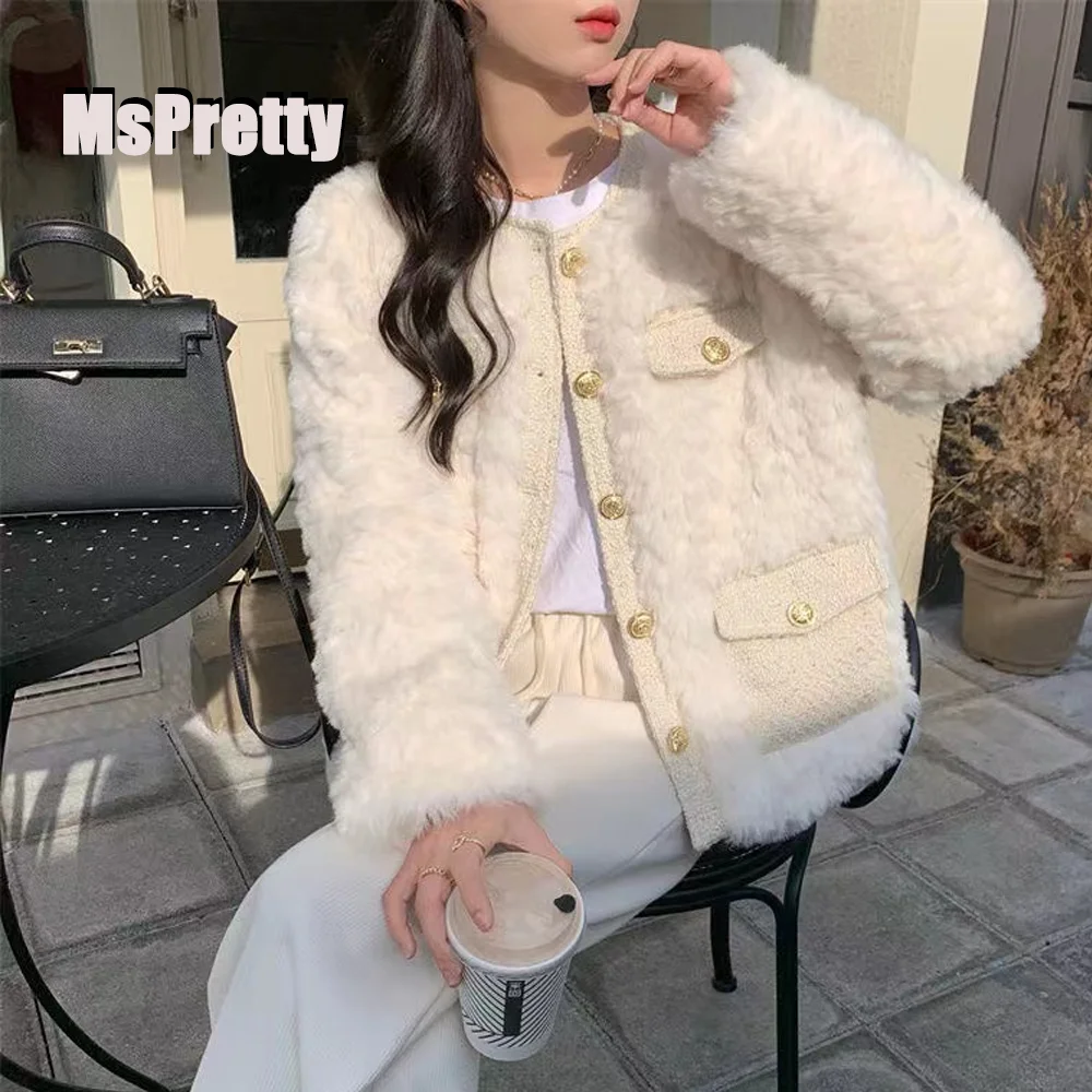 

MsPretty плюшевая куртка в стиле пэчворк, дизайнерское дамское пальто с круглым вырезом, термокуртка, повседневный стиль, Outfi 2022, Весенняя женская одежда