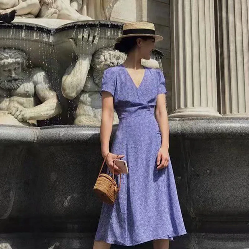 

2023 New Spring Summer Women Seersucker Purple Wrap V-neck Midi Dress