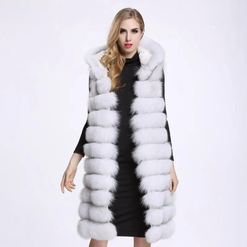 Hot Selling Faux Fox Jacket Fur Hooded Women's Extra Long Sleeveless Vest