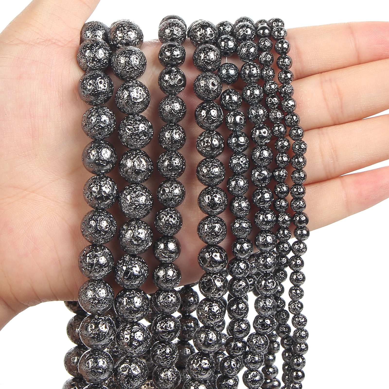 

Бусины из вулканического камня, 6/8/10/12 мм, золотистые, серебристые, черные бусины-разделители россыпью для изготовления ювелирных изделий, ш...