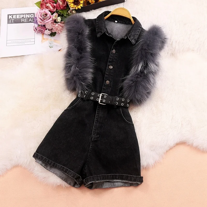 

2022 new ladies style slim waist denim jumpsuit single breasted fur patchwork jumpsuit shorts