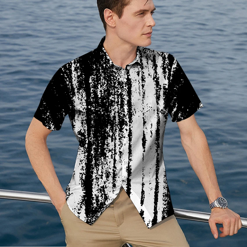 Men's Shirts Summer Fashion Trend Striped Floral Contrast Splicing Printed Hawaiian Beach Holiday Casual Short Sleeve Shirts