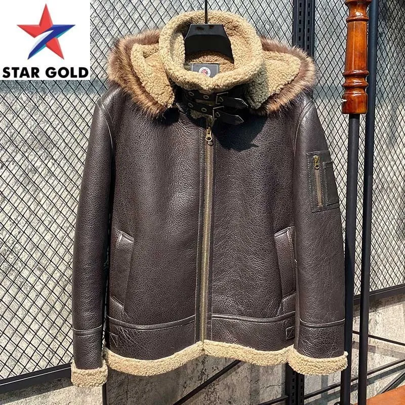 

7XL Plus Size Coats Men Winter Sheep Shearling Overcoat Thick Warm Real Fur Lining Hoodie Pilot Genuine Leather Jacket