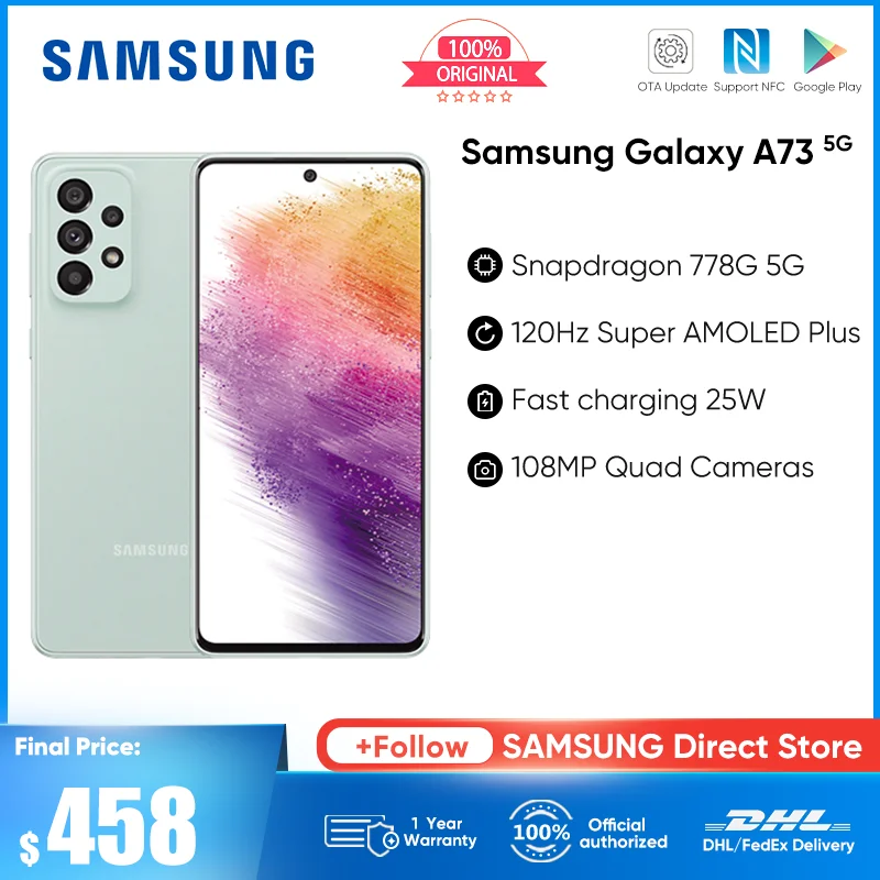Samsung Galaxy A73 A736BDS 5G Smartphone Snapdragon 778G 108MP Quad Cameras 120Hz Super AMOLED Plus 5000mAh Battery Cellphone
