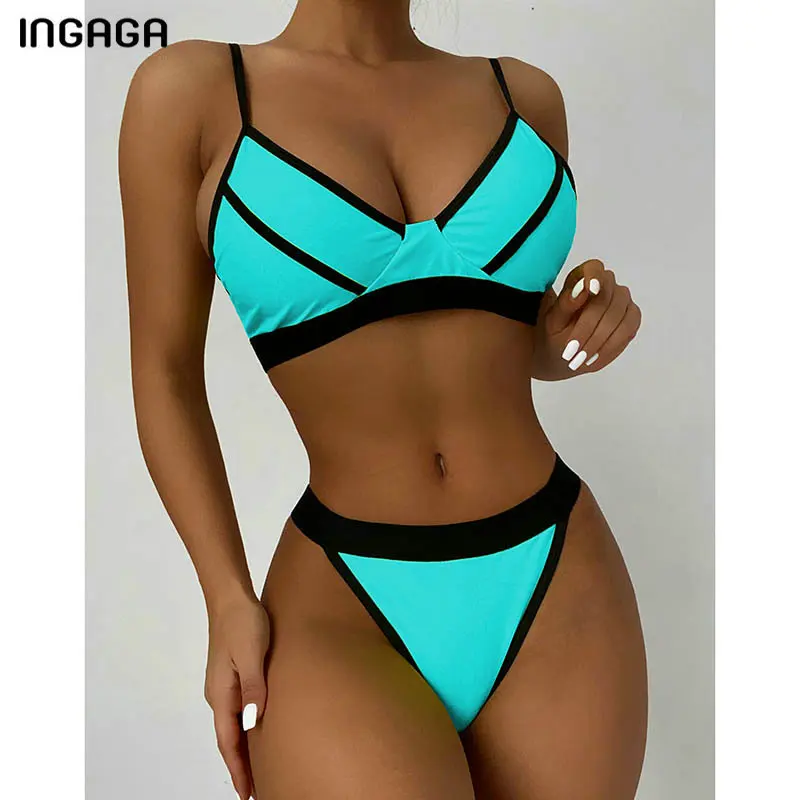 

INGAGA Sexy Women's Swimsuit 2022 New Bikini Swimwear Women Solid Beachwear Thong Bathing Suit Women V-neck Biquini Brazilian