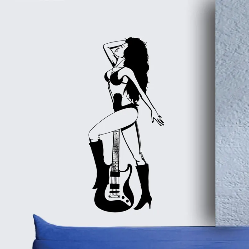 

Виниловая наклейка на стену с изображением сексуальной рок-девушки, украшение для гитары, фреска, уникальный подарок для дома, гостиной, музыкальной комнаты, художественное украшение gt22