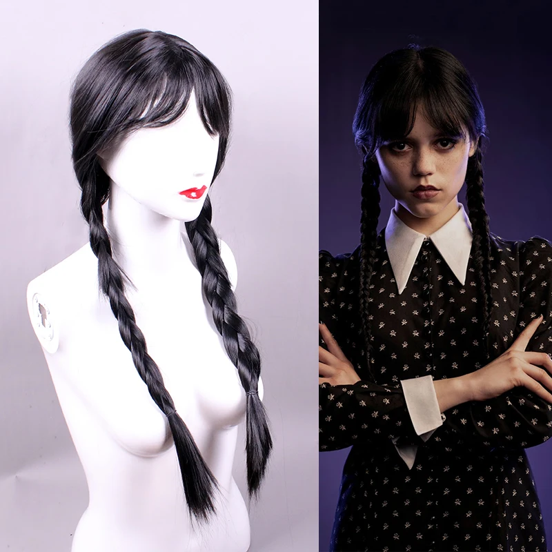 

Movie Wednesday Addams Cosplay Women Long Hair Wig with Bangs High Temperature Resistant Synthet Braided Wig Halloween Accessory