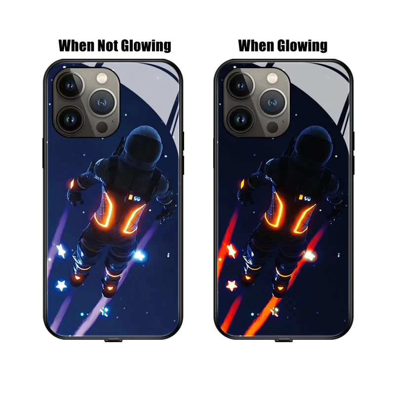 

Space Soldier Voice Sensing LED Light Glowing Tempered Glass Luminous Phone Case iPhone X Xs Xr 11 12 13 14 Pro Plus Ultra