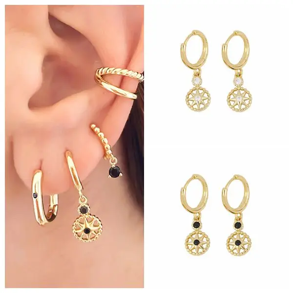 

925 Silver Ear Buckle Hollow Out Star Drop Hoop Earrings for Women Colorful Crystal Huggie Earrings Fashion Females Jewelry Gift