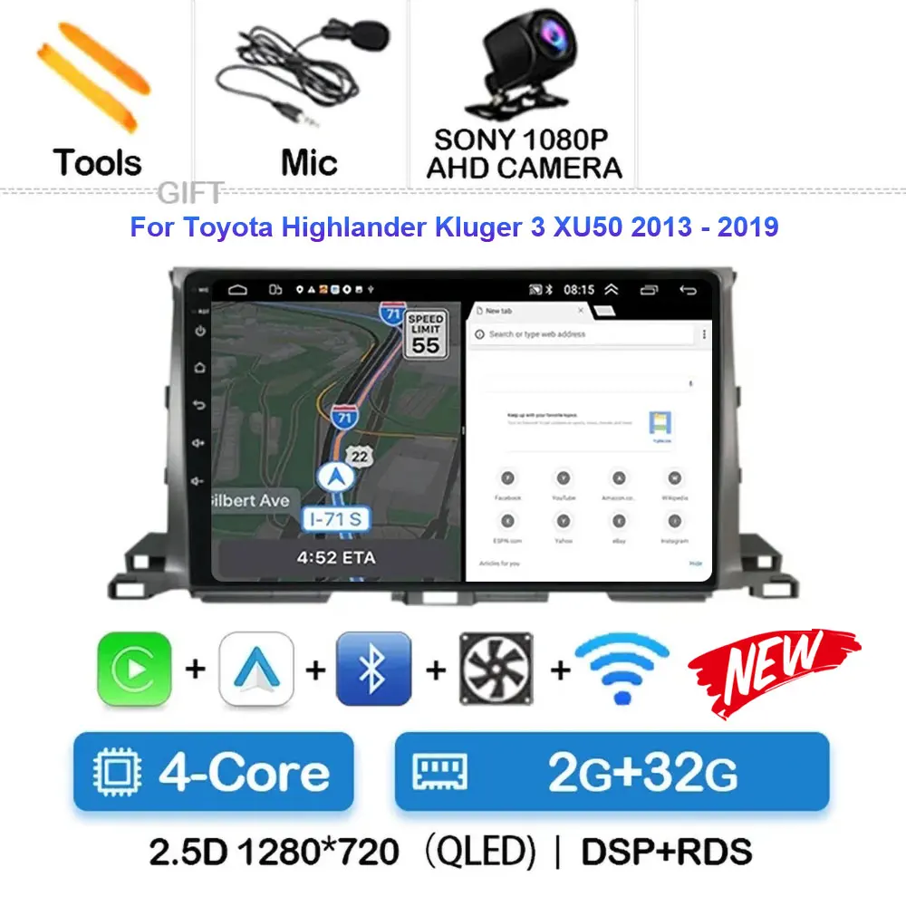 

Автомобильный радиоприемник Android 15 для Toyota Highlander Kluger 3 XU50 2013-2019 навигация GPS мультимедийный видеоплеер стерео Carplay Auto