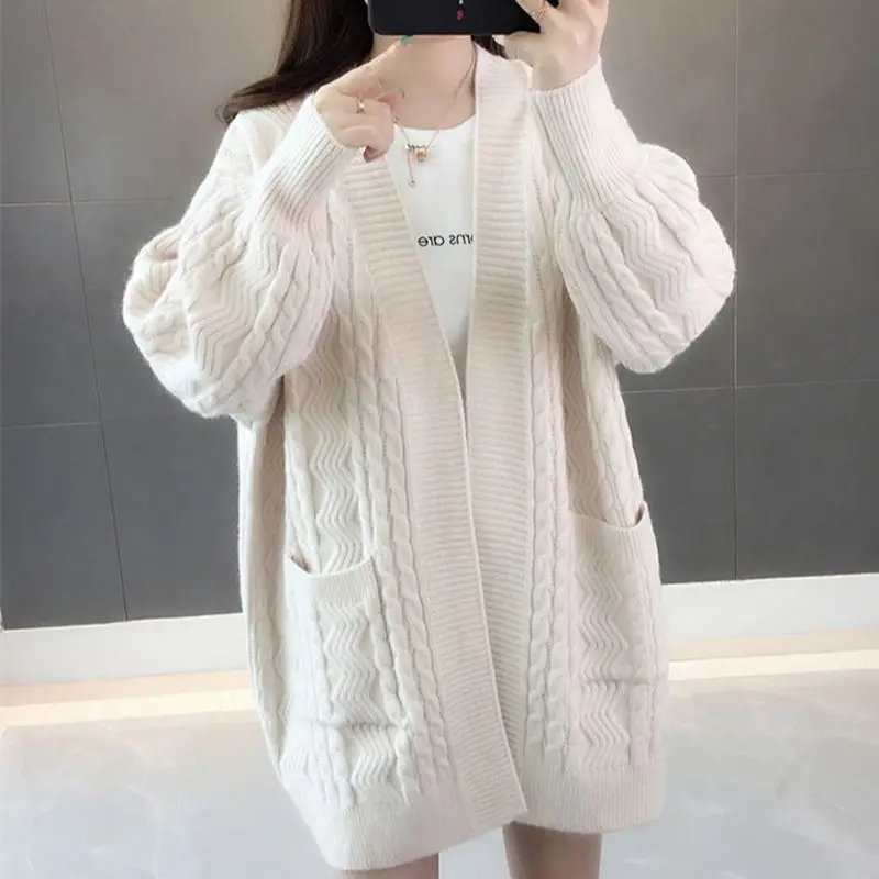 

Женский вязаный кардиган оверсайз 90 кг, топы с длинными рукавами и карманами, теплая вязаная одежда, модные повседневные свободные однотонн...