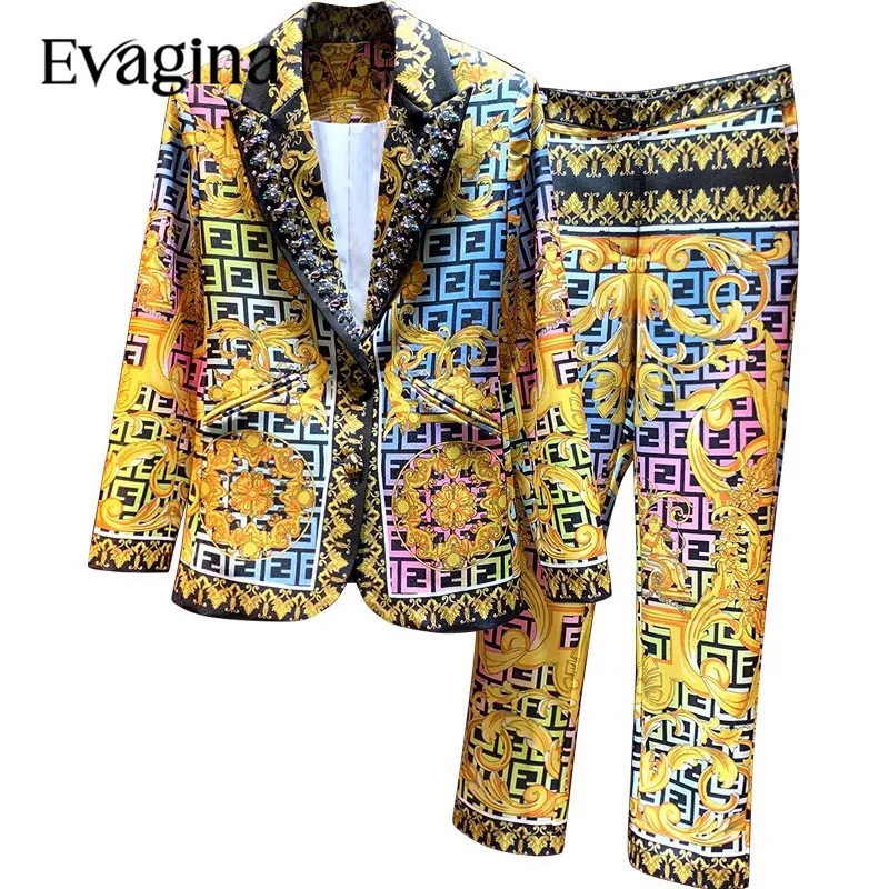 

Женский костюм Evagina с французским винтажным принтом, весна-осень, пальто с английским воротником + брюки, банкетный комплект из двух предметов