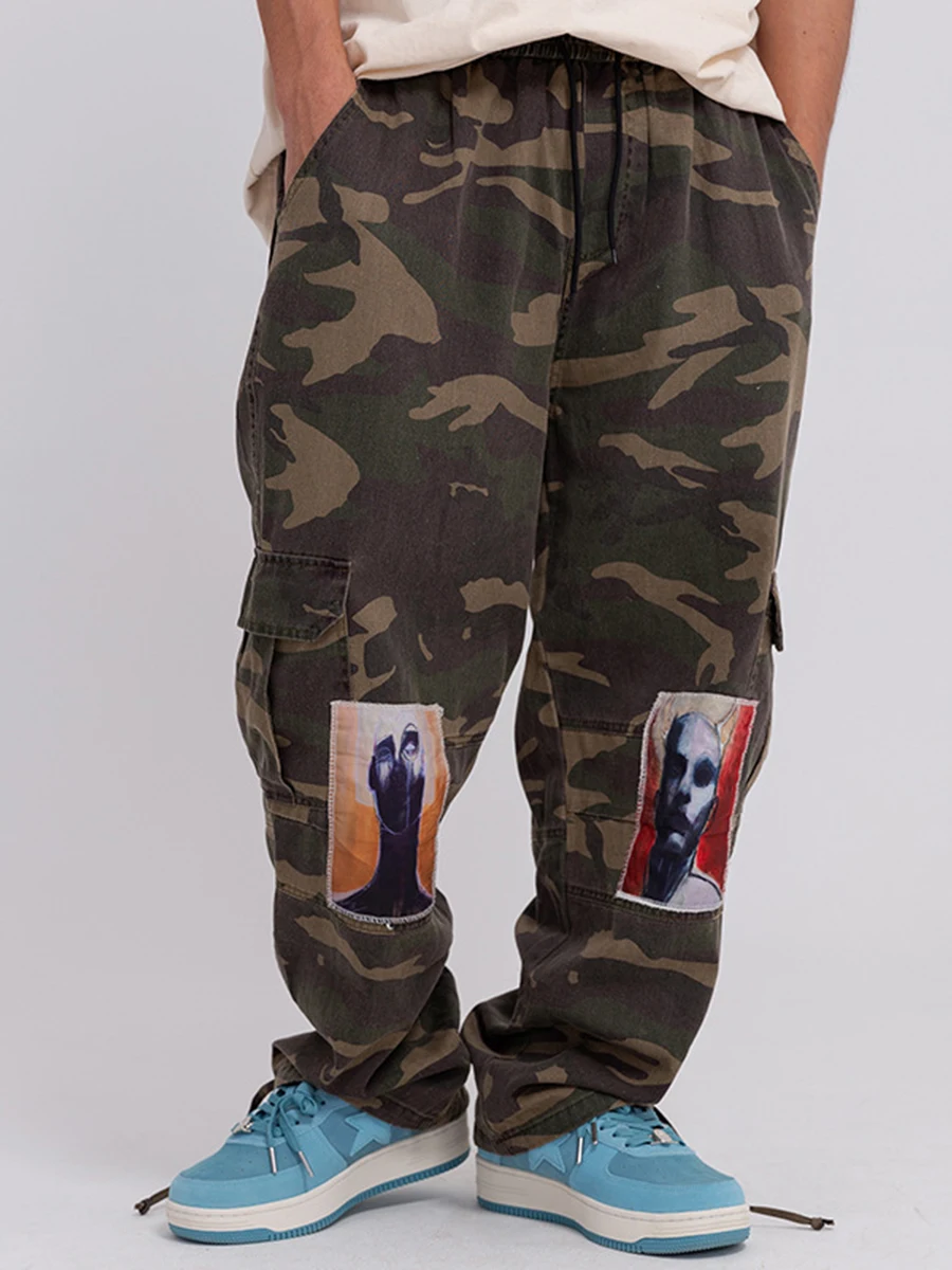 Four Seasons Men's Workwear Camo Pants American Vintage Patch Camouflage Workwear Casual Pants Men's Trousers Streetwear Men's