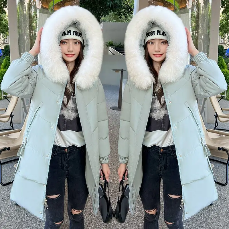 Winter Mid-long Cotton Padded Female Parkas Jacket  Jacket 2023 Women Loose Fur Collar Thickened Hooded Down Jackets S79