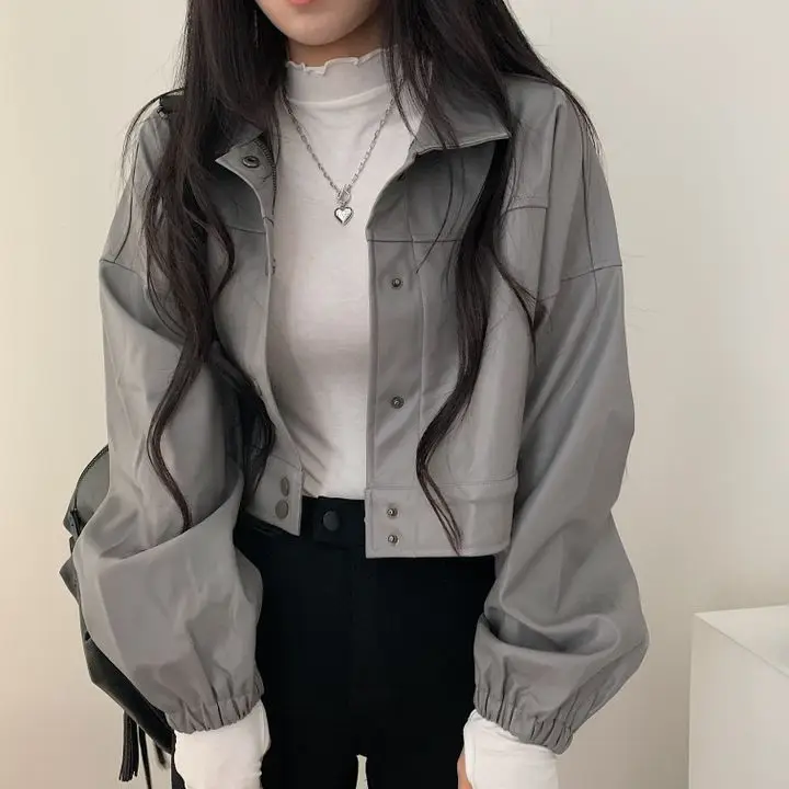 

Women's Chic Long Sleeve Crop Pu Leather Jacket Spring Autumn High Street Turn Down Collar Short Pu Leather Outwear Lady Jacket