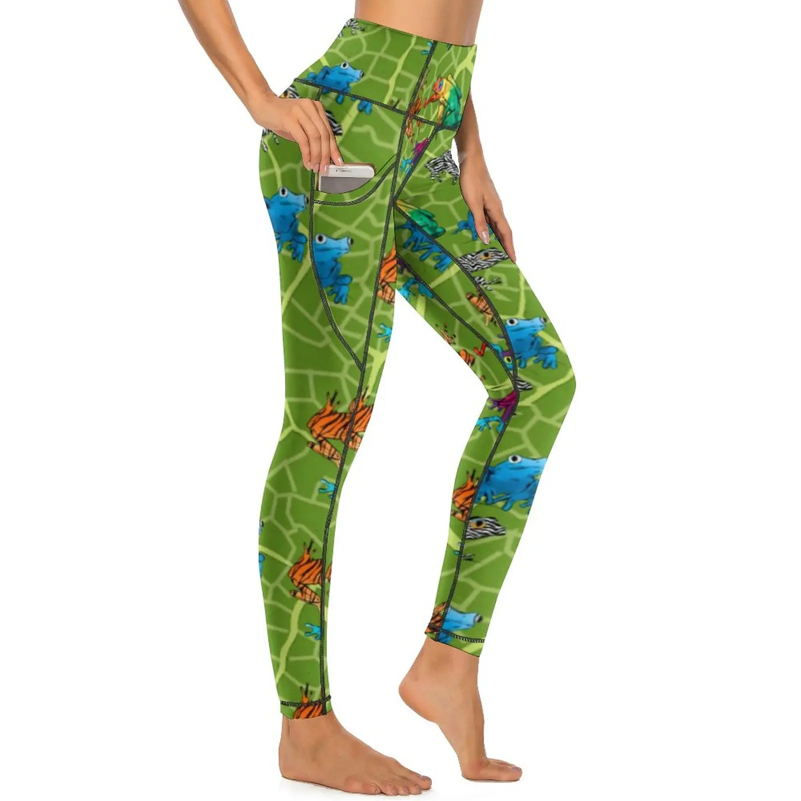 

Frog Guide Leggings Six Raibow Frogs Workout Yoga Pants Female Push Up Basic Sports Tights Pockets Elastic Graphic Yoga Legging